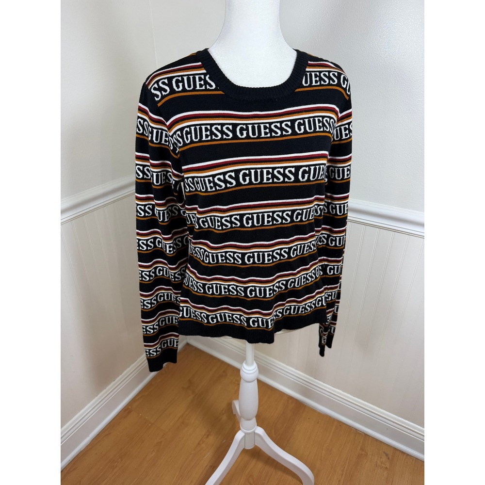 GUESS Logo Stripe Knit Sweater Womens XL‎ Black Multi Long Sleeve Crew Neck